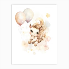 Baby Unicorn Flying With Ballons, Watercolour Nursery Art 4 Art Print