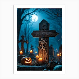 A Wooden Signboard Bathed In An Eerie Glow From A Full Moon Looming Ominously Above A Desolate Cem Art Print