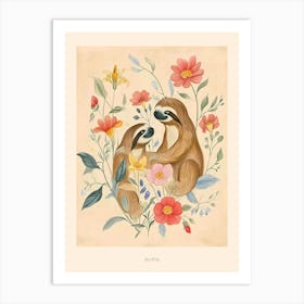 Folksy Floral Animal Drawing Sloth 3 Poster Art Print