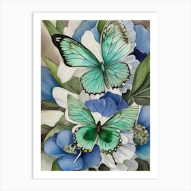 Butterflies On Blue Flowers Art Print