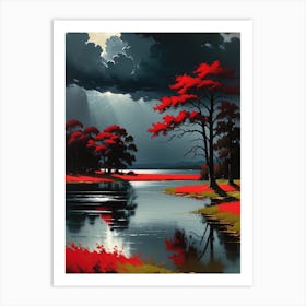 Red Trees By The Lake Art Print