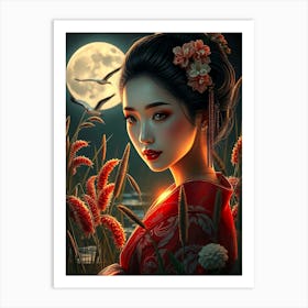 Geisha By Moor At Night - Color Drawing Art Print