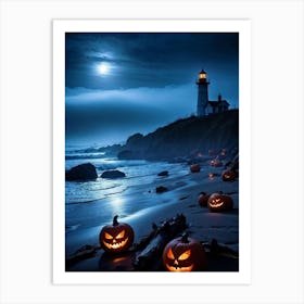 Jack O Lanterns Emanating Ethereal Glow Arrayed On A Shadowy Beach Misty Coastal Backdrop Myster (3) Art Print