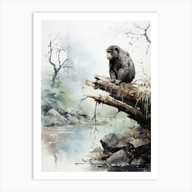 Jigokudani Monkey Park In Nagano, Japanese Brush Painting, Ukiyo E, Minimal 3 Art Print