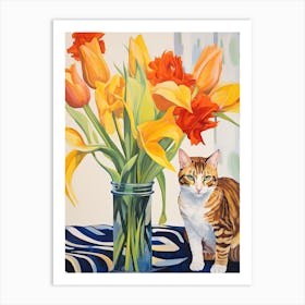 Daffodil Flower Vase And A Cat, A Painting In The Style Of Matisse 1 Art Print