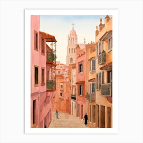 Barcelona Spain 4 Vintage Pink Travel Illustration Art Print