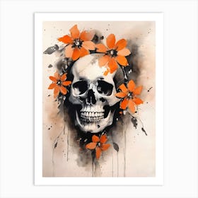 Abstract Skull Orange Flowers Painting (14) Art Print
