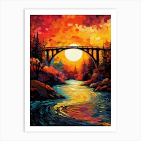 Bridge at Red Sky Sunset, Abstract Vibrant Colorful Painting in Van Gogh Style Art Print