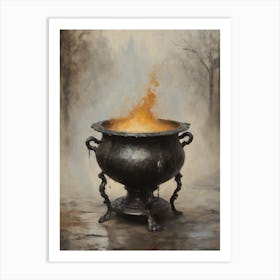 Cast Iron Cauldron Gloomy Moody Art | Neutral Witchcore Gothic Wall Decor | Halloween Witchy All Year Feature Wall | Ornate Witches Lion Foot Cauldron for Spellwork in HD Art Print