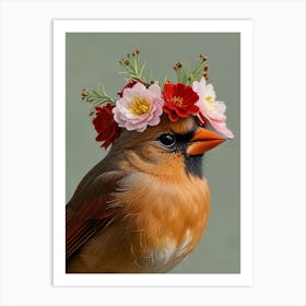 Cardinal With Flower Crown European Robin 1 Art Print