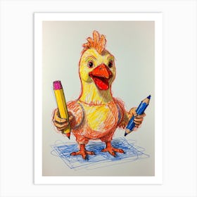 Chicken Holding Pencils Art Print