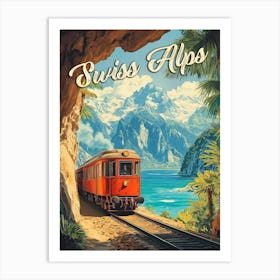 Red Steam Locomotive Souvenir: Vintage Swiss Alps Poster Art Print