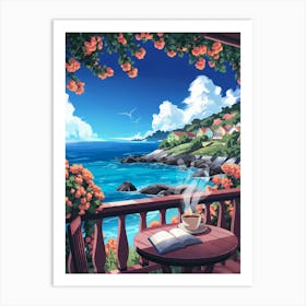 Anime Canvas Art: Coastal Balcony with Coffee and Book, Overlooking Vibrant Ocean and Hillside Houses, Perfect for Lofi and Relaxation Aesthetic Enthusiasts. Art Print