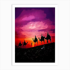 Desert Camel Train At Sunset Art Print