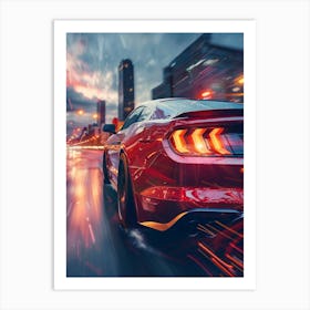 Red Ford Mustang Driving At Night Art Print