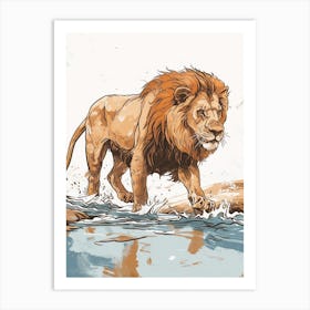 Barbary Lion Crossing A River Acrylic Painting 2 Art Print