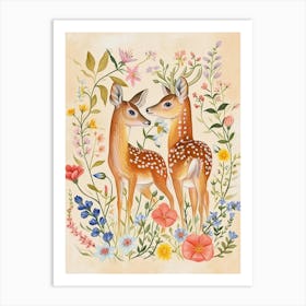 Folksy Floral Animal Drawing Deer 4 Art Print