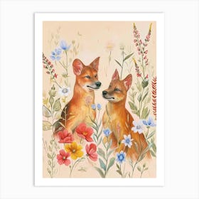 Folksy Floral Animal Drawing Dingo Art Print