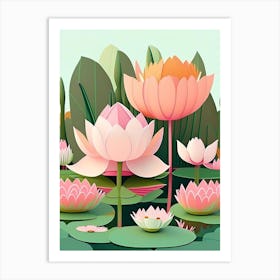 Lotus Flowers In Park Scandi Cartoon 5 Art Print