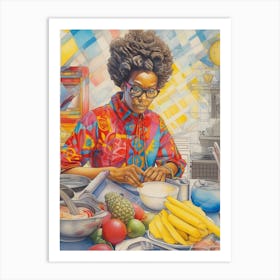Afro Cooking Pencil Drawing Patchwork 5 Art Print