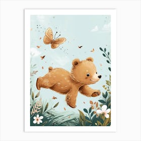 Brown Bear Cub Chasing After A Butterfly Storybook Illustration 2 Art Print