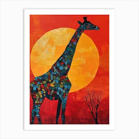 Giraffe In The Red Sunset Brushstroke Style 3 Art Print