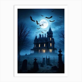 Frightened Souls Hovering Over A Victorian Mansion On A Dark Halloween Night Silhouetted Against A (2) Art Print