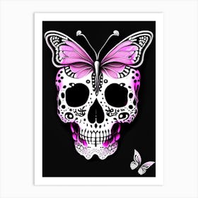 Skull With Butterfly Motifs Pink Doodle Art Print