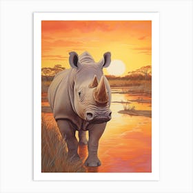 Rhino In The Sunset Realistic Illustration 1 Art Print