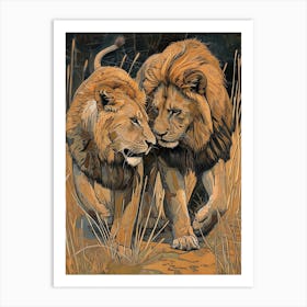 African Lion Relief Illustration Rituals 2 Art Print
