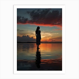 Silhouette Of A Woman At Sunset Art Print