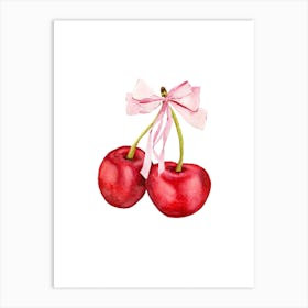 Coquette Cherries & Pink Bow - 2 - White Art Print