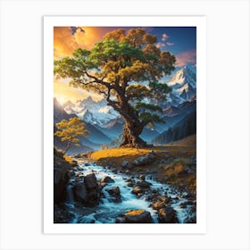 Lone Tree In The Mountains Print Art Print