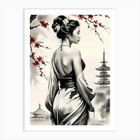 Geisha and Pagoda Japanese Art Art Print