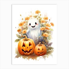 Cute Ghost With Pumpkins Halloween Watercolour 93 Art Print
