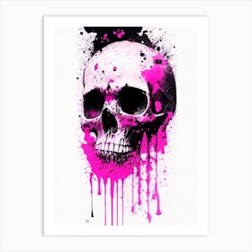Skull With Watercolor Or Splatter Effects Pink Linocut Art Print