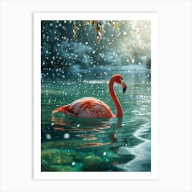 A Plush Flamingo Bathed In Hues Of Cool Green And Soft Texture Swims Gracefully On The Serene Surf Art Print