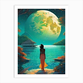 Maldives Girl ~ Tropical Island Full Moon Travel Adventure Visionary Wall Decor Futuristic Sci-Fi Trippy Surrealism Modern Digital Mandala Awakening Fractals Spiritual Artwork Psychedelic Colorful Cubic   Art Print