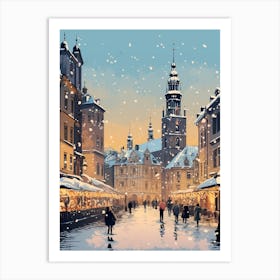 Winter Travel Night Illustration Krakow Poland 4 Art Print