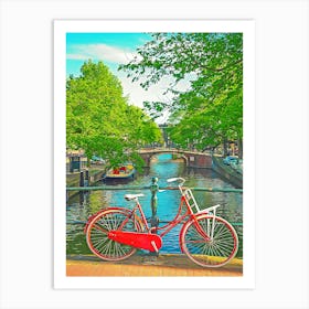 Red Bicycle On A Bridge In Amsterdam, The Netherlands Art Print