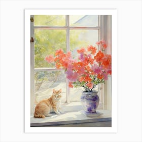 Cat With Azalea Flowers Watercolor Mothers Day Valentines 3 Art Print