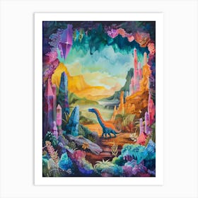 Colourful Dinosaur In A Crystal Cave 1 Art Print