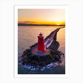 Red Lighthouse At Sunset Art Print