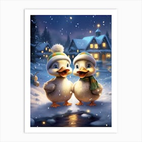 Animated Winter Snow Ducklings 2 Art Print