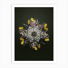 Vintage Nerine Flower Wreath on Olive Green n.1044 Art Print