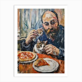 Portrait Of A Man With Cats Eating Pizza 3 Art Print