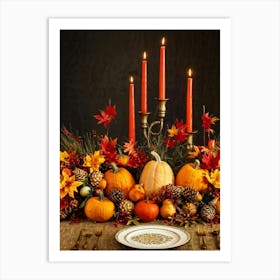 Autumn Harvest Table Centerpiece Overflowing With Gourds And Pumpkins Surrounded By Red And Gold C Art Print