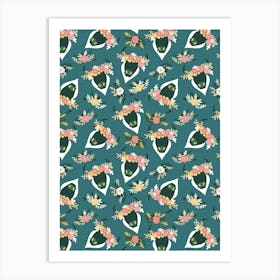 Green Bulls with Flower Crowns on Teal Art Print