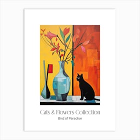 Cats & Flowers Collection Bird Of Paradise Flower Vase And A Cat, A Painting In The Style Of Matisse 1 Art Print