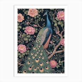 Navy Blue & Pink Flower Peacock Art Print